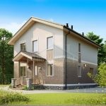 Проект дома «Б-162» из СИП-панелей, 162 м² — двухэтажный дом с бежевой штукатуркой и коричневым кирпичом, крыльцо | HotWell.KZ