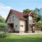 Проект дома «Б-174ББ» из СИП-панелей, 174 м² — дом с мансардой, бежевая штукатурка и тёмное дерево, красная крыша, терраса | HotWell.KZ