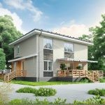 Проект дома «Б-173ВВ» из СИП-панелей, 173 м² — двухэтажный дом со светлым кирпичом и террасой с деревянными перилами | HotWell.KZ