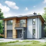 Проект дома «Б-187» из СИП-панелей, 187 м² — двухэтажный дом с комбинированным фасадом, камнем, деревом и балконом | HotWell.KZ