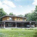 Проект дома «Б-315» из СИП-панелей, 315 м² — двухэтажный дом с фасадом из кирпича и дерева, навес для автомобилей | HotWell.KZ