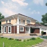 Проект дома «Б-223» из СИП-панелей, 223 м² — двухэтажный дом из бежевого кирпича с каменным цоколем, балконом и гаражом | HotWell.KZ