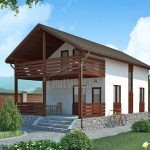 Проект дома «В-150ББ» из СИП-панелей, 150 м² — дом с мансардой, белая штукатурка и крытая терраса с деревянными перилами | HotWell.KZ