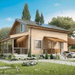 Проект дома «В-181ББ» из СИП-панелей, 181 м² — дом с мансардой из светлого кирпича с террасой, панорамными окнами и навесом для авто | HotWell.KZ