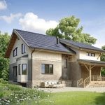 Проект дома «В-190» из СИП-панелей, 190 м² — дом с мансардой, бежевая штукатурка и крытая терраса | HotWell.KZ