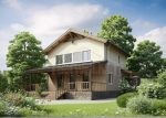Проект дома «В-192ББ» из СИП-панелей, 192 м² — двухэтажный дом с бежевой штукатуркой, каменным цоколем и террасой | HotWell.KZ