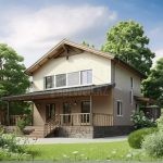 Проект дома «В-192ББ» из СИП-панелей, 192 м² — двухэтажный дом с бежевой штукатуркой, каменным цоколем и террасой | HotWell.KZ