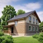 Проект дома «З-150ББ» из СИП-панелей, 150 м² — дом с мансардой, каменной и штукатурной отделкой и деревянным крыльцом | HotWell.KZ