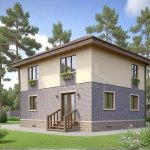 Проект дома «И-159» из СИП-панелей, 159 м² — двухэтажный дом с каменным цоколем, светлой штукатуркой и четырёхскатной крышей | HotWell.KZ