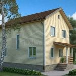 Проект дома «И-164» из СИП-панелей, 164 м² — двухэтажный дом с жёлтым сайдингом и коричневой двускатной крышей, крыльцо с навесом | HotWell.KZ