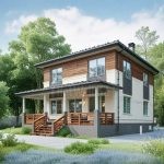 Проект дома «И-168» из СИП-панелей, 168 м² — двухэтажный дом с белой штукатуркой, деревянной отделкой и террасой | HotWell.KZ