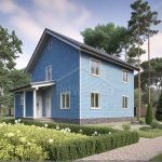 Проект дома «И-170» из СИП-панелей, 170 м² — двухэтажный дом с синим деревянным сайдингом и крыльцом с навесом | HotWell.KZ