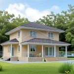 Проект дома «И-177» из СИП-панелей, 177 м² — двухэтажный дом с бежевой штукатуркой, тёмной крышей и террасой | HotWell.KZ