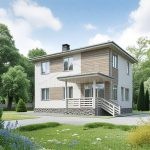 Проект дома «И-189» из СИП-панелей, 189 м² — двухэтажный дом с белой штукатуркой и деревянными вставками, крыльцо под навесом | HotWell.KZ