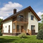 Проект дома «И-195» из СИП-панелей, 195 м² — дом с мансардой, бежевой штукатуркой, деревянным балконом и террасой со ступенями | HotWell.KZ