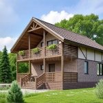 Проект дома «К-150ББ» из СИП-панелей, 150 м² — дом с мансардой из кирпича с деревянным балконом под двускатной крышей | HotWell.KZ