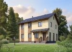 Проект дома «К-172» из СИП-панелей, 172 м² — двухэтажный дом с жёлтой штукатуркой и деревянной отделкой, крыльцо с навесом | HotWell.KZ