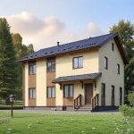 Проект дома «К-172» из СИП-панелей, 172 м² — двухэтажный дом с жёлтой штукатуркой и деревянной отделкой, крыльцо с навесом | HotWell.KZ