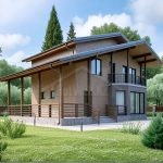 Проект дома «К-182» из СИП-панелей, 182 м² — двухэтажный дом с кирпичным фасадом, террасой, балконом и панорамными окнами | HotWell.KZ