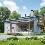 Проект дома «К-184ББ» из СИП-панелей, 184 м² — одноэтажный дом с серым сайдингом, терраса и панорамные окна мансарды | HotWell.KZ