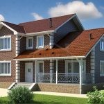 Проект дома «К-210» из СИП-панелей, 210 м² — двухэтажный кирпичный дом с терракотовой крышей и террасой с коваными ограждениями | HotWell.KZ