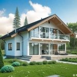 Проект дома «К-309» из СИП-панелей, 309 м² — дом с мансардой, белая штукатурка, панорамные окна и балкон | HotWell.KZ
