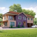 Проект дома «К-311» из СИП-панелей, 311 м² — двухэтажный дом с бежево-фиолетовой штукатуркой, красная черепичная крыша, балкон и гараж | HotWell.KZ