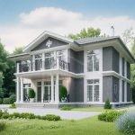 Проект дома «К-400» из СИП-панелей, 400 м² — двухэтажный дом с серым кирпичным фасадом, балконом и колоннами у входа | HotWell.KZ