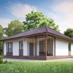 Проект дома «О-110» из СИП-панелей, 110 м² — одноэтажный дом со светлой штукатуркой, коричневой вальмовой крышей и угловой террасой | HotWell.KZ
