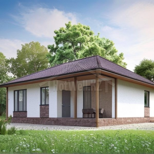 Проект дома «О-110» из СИП-панелей, 110 м² — одноэтажный дом со светлой штукатуркой, коричневой вальмовой крышей и угловой террасой | HotWell.KZ