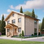 Проект дома «Р-161ББ» из СИП-панелей, 161 м² — двухэтажный дом со светлой штукатуркой, деревянной отделкой и крыльцом | HotWell.KZ