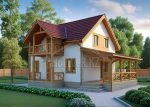 Проект дома «Р-174» из СИП-панелей, 174 м² — двухэтажный дом с белой штукатуркой, бордовой крышей, балконом и террасой | HotWell.KZ