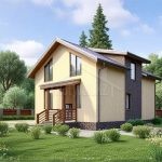 Проект дома «Р-150ББ» из СИП-панелей, 150 м² — двухэтажный дом с бежевым сайдингом и каменной отделкой, крыльцо с навесом | HotWell.KZ