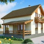 Проект дома «Р-186» из СИП-панелей, 186 м² — дом с мансардой, белой штукатуркой, каменным цоколем, крытой террасой и балконом | HotWell.KZ
