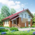 Проект дома «Р-171» из СИП-панелей, 171 м² — дом с мансардой, светлым сайдингом и кирпичной отделкой, красной крышей и крыльцом | HotWell.KZ