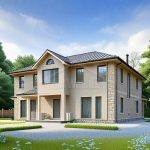 Проект дома «Р-337» из СИП-панелей, 337 м² — двухэтажный дом с бежевым кирпичным фасадом и тёмной вальмовой крышей | HotWell.KZ