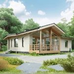 Проект дома «С-150» из СИП-панелей, 150 м² — одноэтажный дом из белого кирпича с деревянной верандой и панорамными окнами | HotWell.KZ