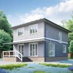 Проект дома «С-140» из СИП-панелей, 140 м² — двухэтажный дом с серым сайдингом, каменным цоколем и крыльцом | HotWell.KZ