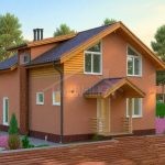Проект дома «С-150ББ» из СИП-панелей, 150 м² — двухэтажный дом с терракотовой штукатуркой и деревянным крыльцом | HotWell.KZ