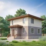 Проект дома «С-134» из СИП-панелей, 134 м² — двухэтажный дом с бежевой штукатуркой и серым камнем, крыльцо под навесом со ступенями | HotWell.KZ