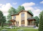 Проект дома «С-160ВВ» из СИП-панелей, 160 м² — двухэтажный дом, бежевая штукатурка, каменный цоколь и крытая терраса | HotWell.KZ