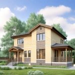 Проект дома «С-160ВВ» из СИП-панелей, 160 м² — двухэтажный дом, бежевая штукатурка, каменный цоколь и крытая терраса | HotWell.KZ