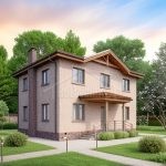 Проект дома «С-162» из СИП-панелей, 162 м² — двухэтажный дом из светлого кирпича с крыльцом под деревянным навесом | HotWell.KZ