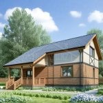 Проект дома «С-152» из СИП-панелей, 152 м² — дом с мансардой, кирпичный фасад и деревянная отделка, серая крыша, крытая терраса | HotWell.KZ