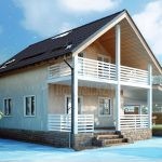 Проект дома «С-140ББ» из СИП-панелей, 140 м² — дом с мансардой, серой штукатуркой, двухуровневой террасой с белыми перилами | HotWell.KZ