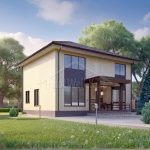 Проект дома «С-170» из СИП-панелей, 170 м² — двухэтажный дом, светлая штукатурка, крыльцо и панорамные окна | HotWell.KZ