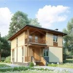 Проект дома «С-184» из СИП-панелей, 184 м² — двухэтажный дом с жёлтой штукатуркой и деревянными вставками, балкон | HotWell.KZ