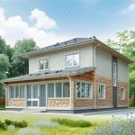 Проект дома «С-180» из СИП-панелей, 180 м² — двухэтажный дом с комбинированным фасадом из светлого кирпича и камня, панорамные окна веранды | HotWell.KZ