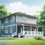 Проект дома «С-160ДД» из СИП-панелей, 160 м² — двухэтажный дом с сине-серым сайдингом и верандой с белыми перилами | HotWell.KZ