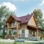 Проект дома «С-150ВВ» из СИП-панелей, 150 м² — дом с мансардой, деревянной и светлой отделкой, бордовой крышей, балконом и крытой террасой | HotWell.KZ